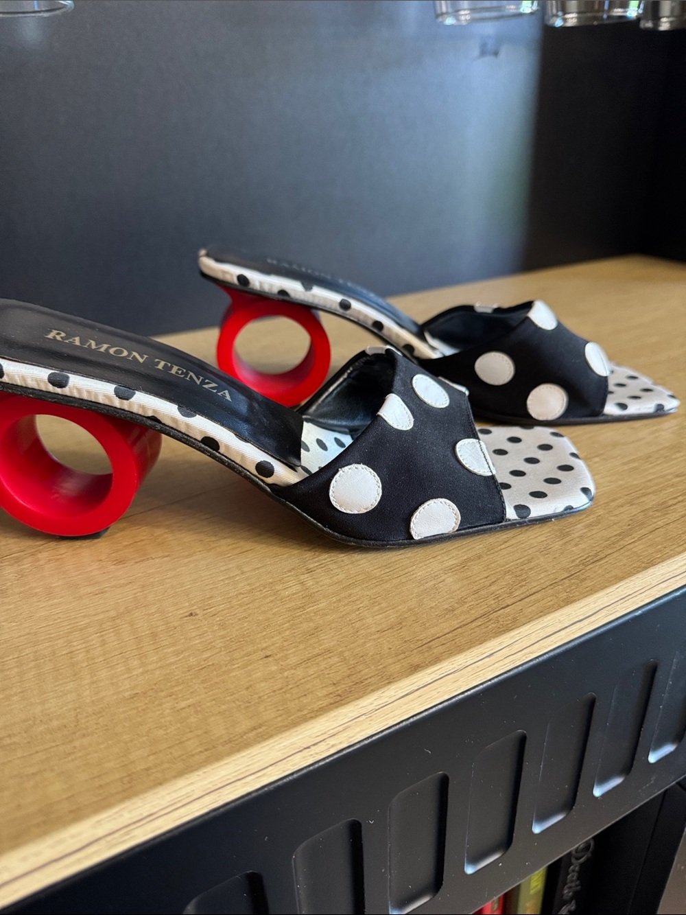 Ramon Tenza Black and White Polka Dot Slide Heels with Red Ring Heel